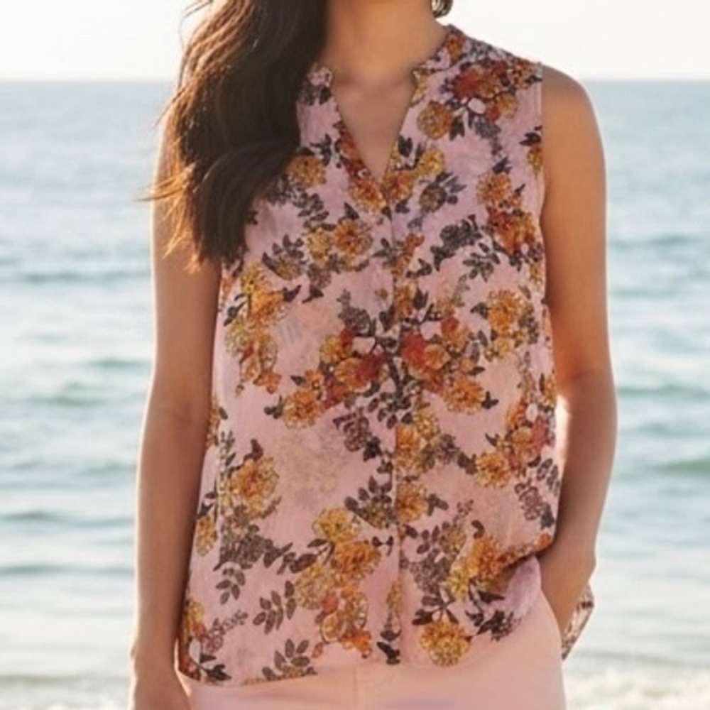 A New Day Womens Pink Floral Chiffon Sleeveless Button Front BlouseSz L Romantic